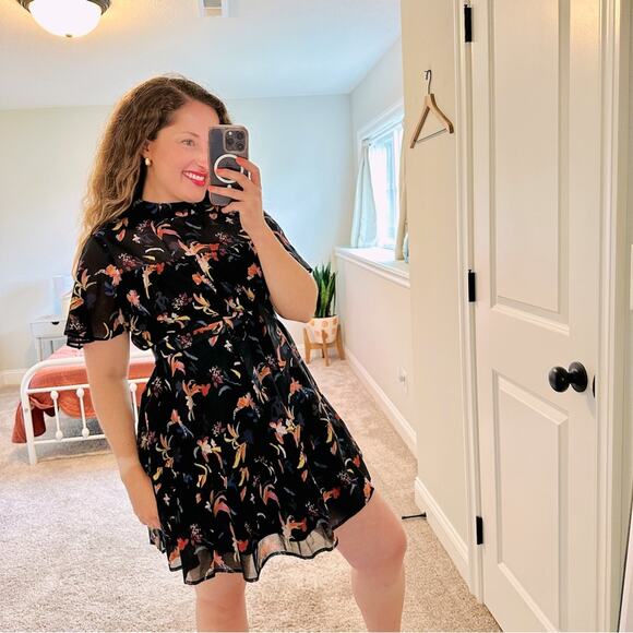 Anthropologie Corey Lynn Calter Black Silk Floral Organza Mini Dress Small - Picture 1 of 14